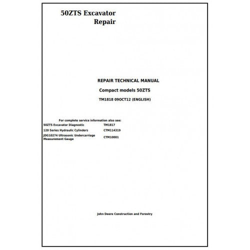 John Deere 50ZTS Compact Excavator Pdf Technical Repair Service Manual TM1818