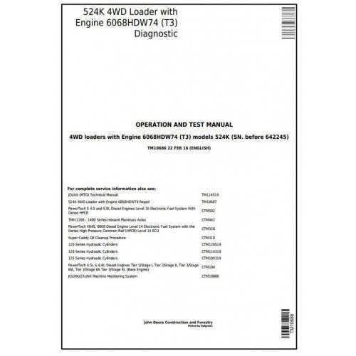John Deere 524K 4WD Loader Pdf Diagnostic, Operation and Tests Service Manual TM10686