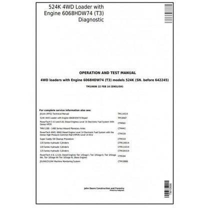 John Deere 524K 4WD Loader Pdf Diagnostic, Operation and Tests Service Manual TM10686