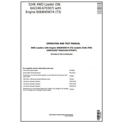 John Deere 524K 4WD Loader Pdf Diagnostic, Operation and Tests Service Manual TM12094