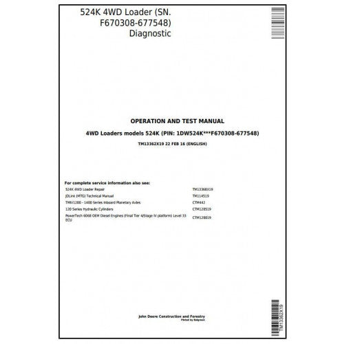 John Deere 524K 4WD Loader Pdf Diagnostic, Operation and Tests Service Manual TM13362X19