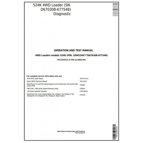 John Deere 524K 4WD Loader Pdf Diagnostic, Operation and Tests Service Manual TM13365X19