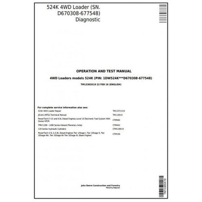 John Deere 524K 4WD Loader Pdf Diagnostic, Operation and Tests Service Manual TM13365X19