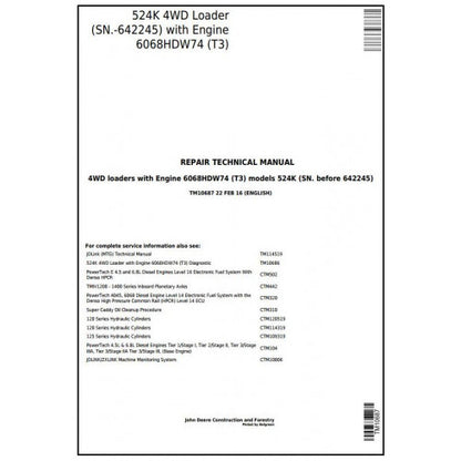 John Deere 524K 4WD Loader Pdf Technical Repair Service Manual TM10687