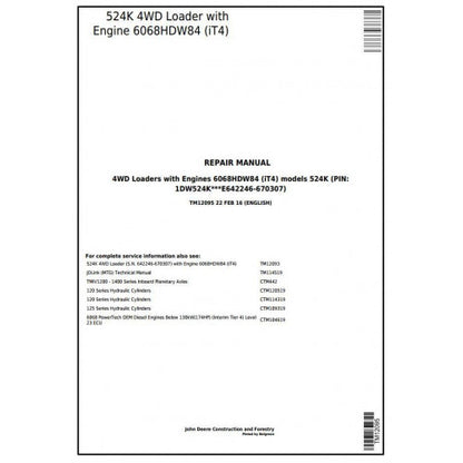 John Deere 524K 4WD Loader Pdf Technical Repair Service Manual TM12095