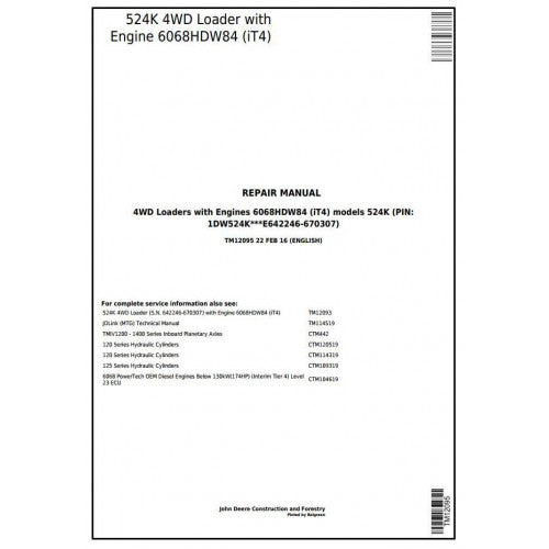John Deere 524K 4WD Loader Pdf Technical Repair Service Manual TM12095