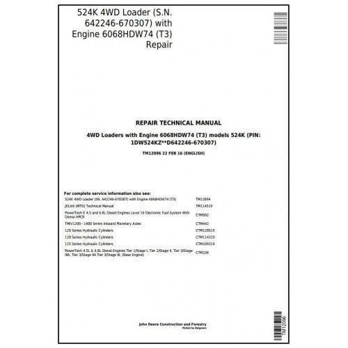 John Deere 524K 4WD Loader Pdf Technical Repair Service Manual TM12096