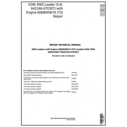 John Deere 524K 4WD Loader Pdf Technical Repair Service Manual TM12096