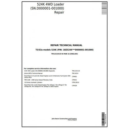 John Deere 524K 4WD Loader Pdf Technical Repair Service Manual TM13143X19