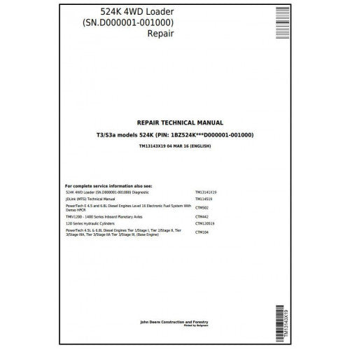 John Deere 524K 4WD Loader Pdf Technical Repair Service Manual TM13143X19