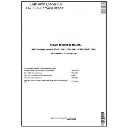 John Deere 524K 4WD Loader Pdf Technical Repair Service Manual TM13368X19