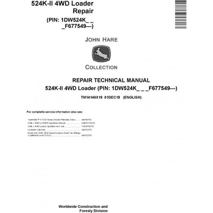 John Deere 524K-II 4WD Loader Pdf Technical Repair Service Manual TM14140X19