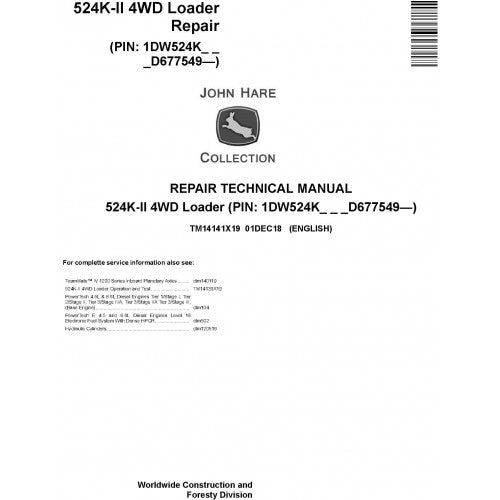 John Deere 524K-II 4WD Loader Pdf Technical Repair Service Manual TM14141X19