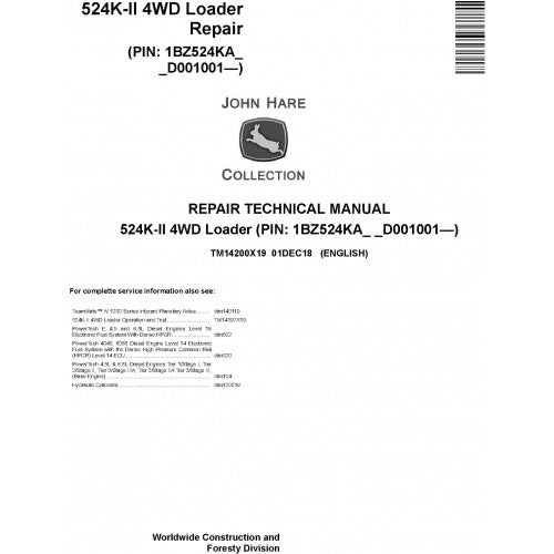 John Deere 524K II 4WD Loader Pdf Technical Repair Service Manual TM14200X19