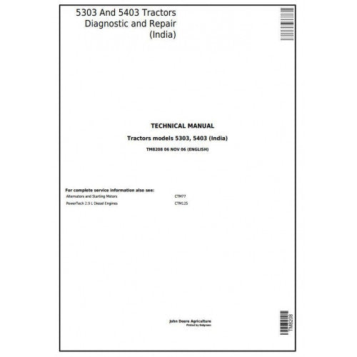 John Deere 5303 And 5403 Tractor Pdf Diagnostic and Technical Repair Manual TM8208