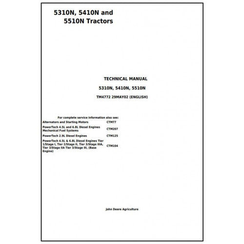 John Deere 5310N, 5410N and 5510N Tractor Pdf Technical Repair Manual TM4772