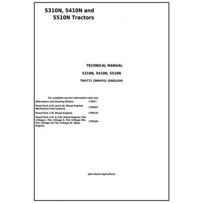 John Deere 5310N, 5410N and 5510N Tractor Pdf Technical Repair Manual TM4772