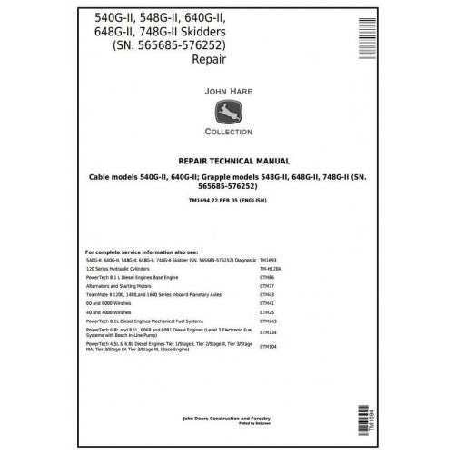 John Deere 540G-II, 548G-II, 640G-II, 648G-II, 748G-II Skidder Pdf Technical Repair Service Manual TM1694
