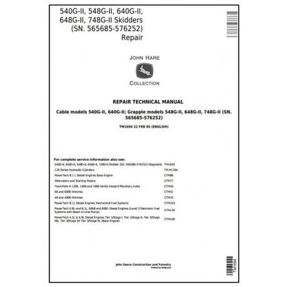 John Deere 540G-II, 548G-II, 640G-II, 648G-II, 748G-II Skidder Pdf Technical Repair Service Manual TM1694