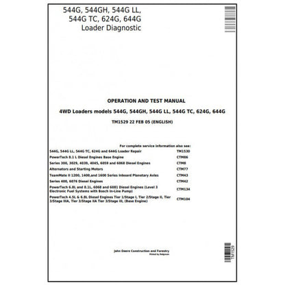 John Deere 544G, 544GH, 544G LL, 544G TC, 624G, 644G Loader Pdf Diagnostic, Operation and Tests Service Manual TM1529