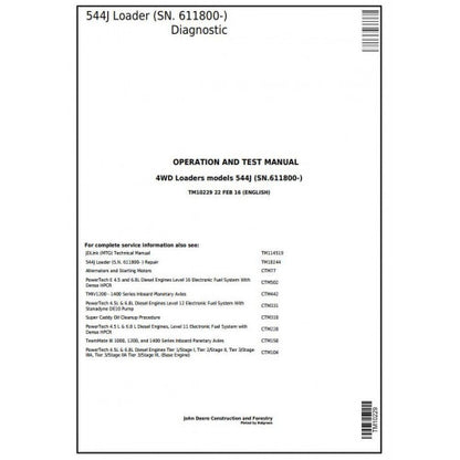 John Deere 544J 4WD Loader Pdf Diagnostic, Operation and Tests Service Manual TM10229