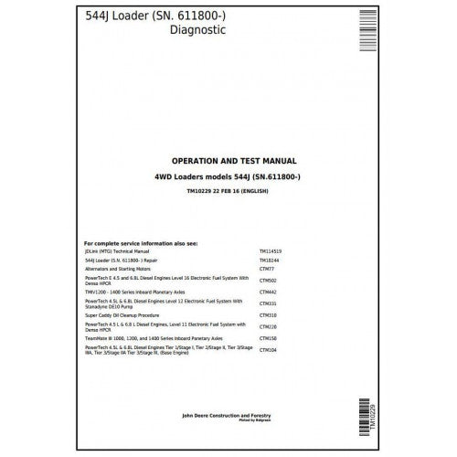 John Deere 544J 4WD Loader Pdf Diagnostic, Operation and Tests Service Manual TM10229