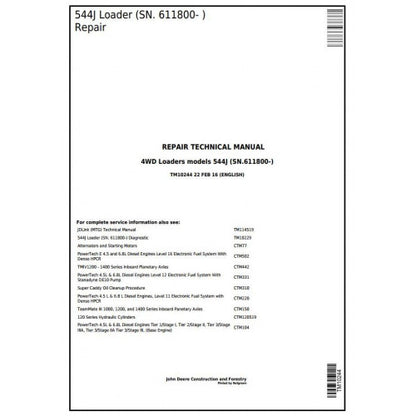 John Deere 544J 4WD Loader Pdf Technical Repair Service Manual TM10244