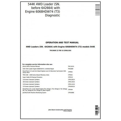 John Deere 544K 4WD Loader Pdf Diagnostic, Operation and Tests Service Manual TM10688