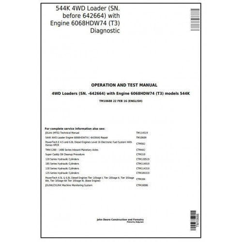 John Deere 544K 4WD Loader Pdf Diagnostic, Operation and Tests Service Manual TM10688