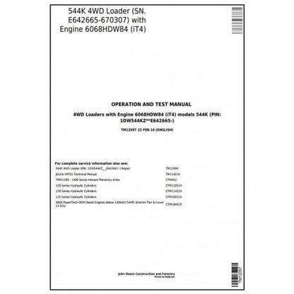 John Deere 544K 4WD Loader Pdf Diagnostic, Operation and Tests Service Manual TM12097