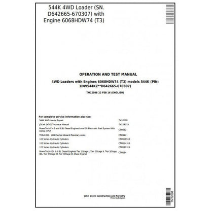 John Deere 544K 4WD Loader Pdf Diagnostic, Operation and Tests Service Manual TM12098