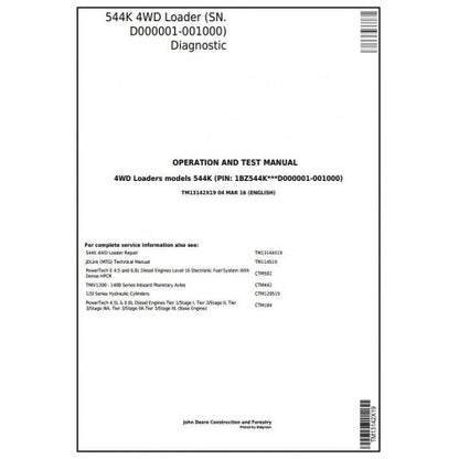John Deere 544K 4WD Loader Pdf Diagnostic, Operation and Tests Service Manual TM13142X19
