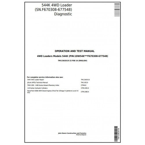 John Deere 544K 4WD Loader Pdf Diagnostic, Operation and Tests Service Manual TM13363X19