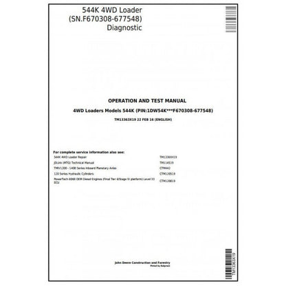 John Deere 544K 4WD Loader Pdf Diagnostic, Operation and Tests Service Manual TM13363X19