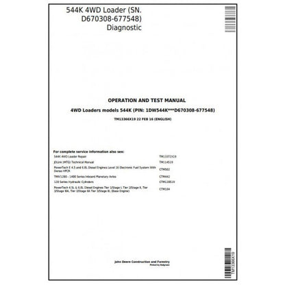 John Deere 544K 4WD Loader Pdf Diagnostic, Operation and Tests Service Manual TM13366X19