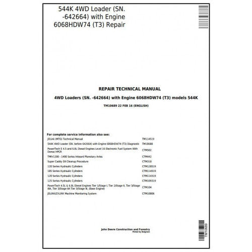 John Deere 544K 4WD Loader Pdf Technical Repair Service Manual TM10689