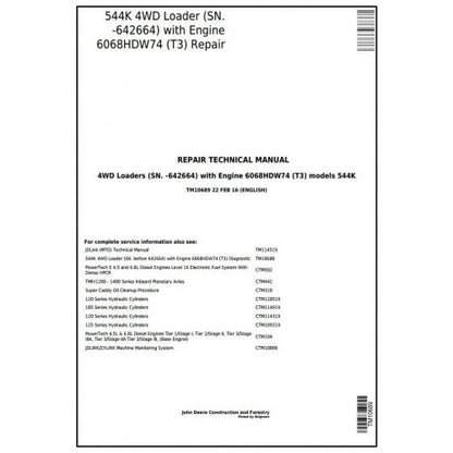 John Deere 544K 4WD Loader Pdf Technical Repair Service Manual TM10689