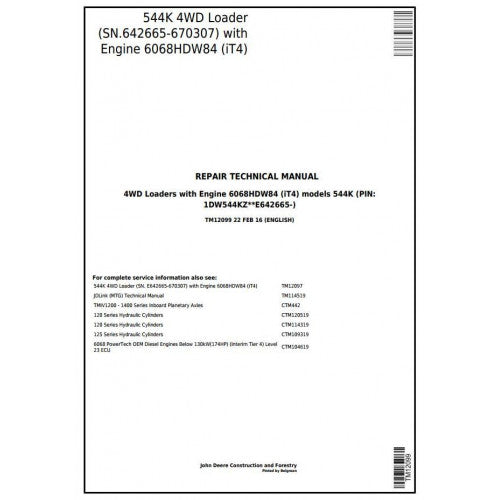 John Deere 544K 4WD Loader Pdf Technical Repair Service Manual TM12099