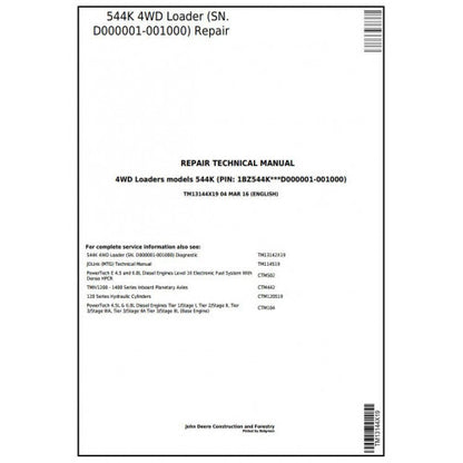 John Deere 544K 4WD Loader Pdf Technical Repair Service Manual TM13144X19
