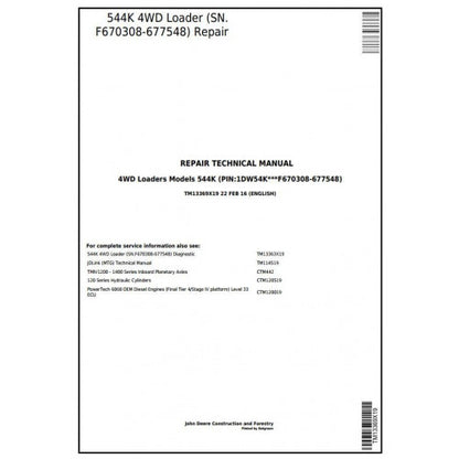 John Deere 544K 4WD Loader Pdf Technical Repair Service Manual TM13369X19