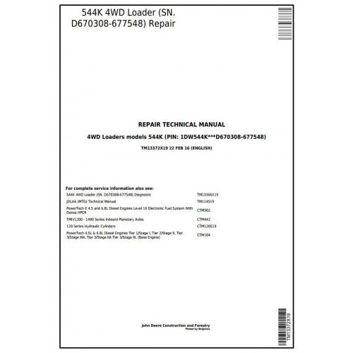 John Deere 544K 4WD Loader Pdf Technical Repair Service Manual TM13372X19