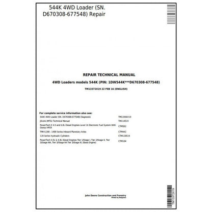 John Deere 544K 4WD Loader Pdf Technical Repair Service Manual TM13372X19