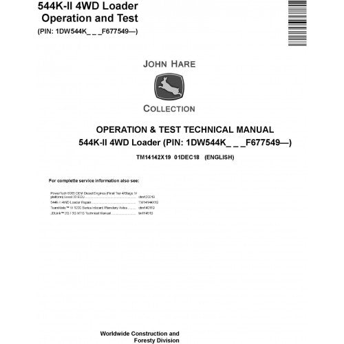 John Deere 544K-II 4WD Loader Pdf Diagnostic, Operation and Tests Service Manual TM14142X19