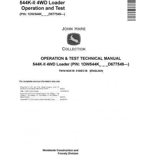 John Deere 544K-II 4WD Loader Pdf Diagnostic, Operation and Tests Service Manual TM14143X19