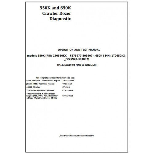 John Deere 550K, 650K Crawler Dozer Pdf Diagnostic, Operation and Tests Service Manual TM13356X19