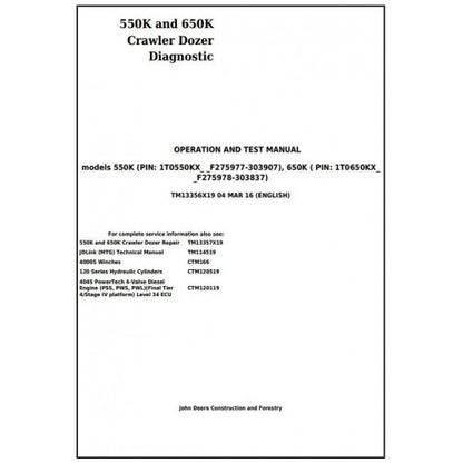 John Deere 550K, 650K Crawler Dozer Pdf Diagnostic, Operation and Tests Service Manual TM13356X19