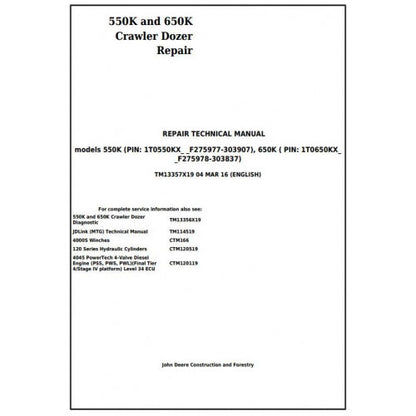 John Deere 550K, 650K Crawler Dozer Pdf Technical Repair Service Manual TM13357X19