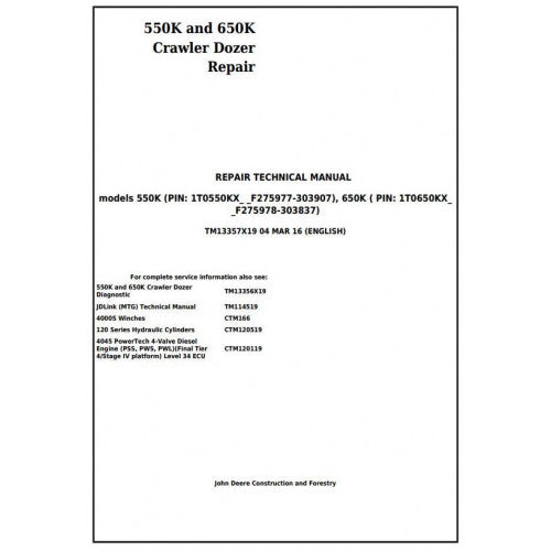 John Deere 550K, 650K Crawler Dozer Pdf Technical Repair Service Manual TM13357X19