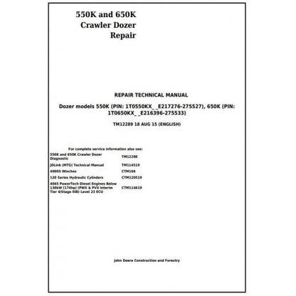 John Deere 550K and 650K Crawler Dozer Pdf Technical Repair Service Manual TM12289