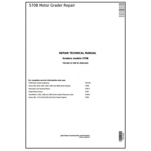 John Deere 570B Motor Grader Pdf Technical Repair Service Manual TM1400